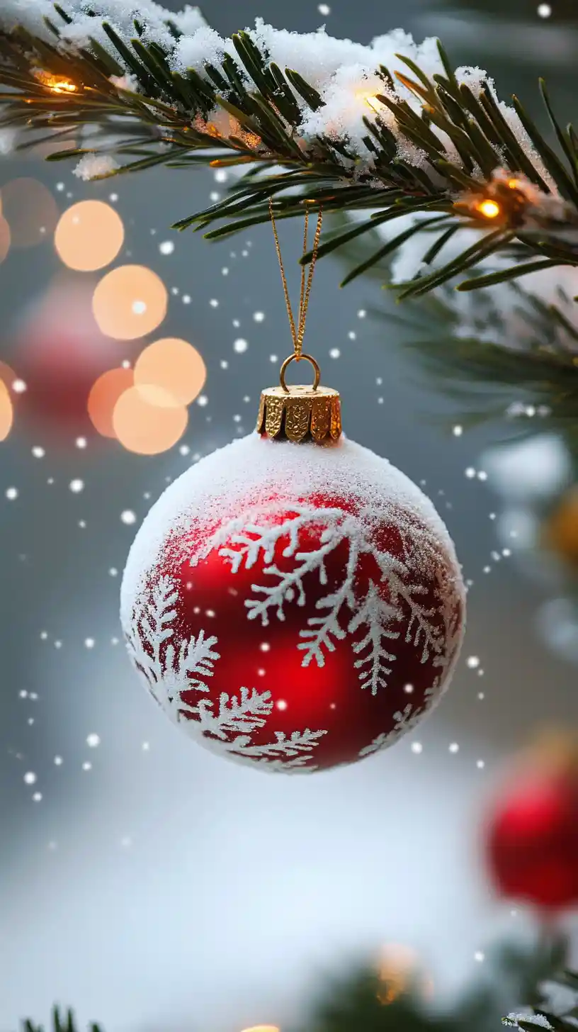 Close up red Christmas bauble hanging on snowy spruce branch