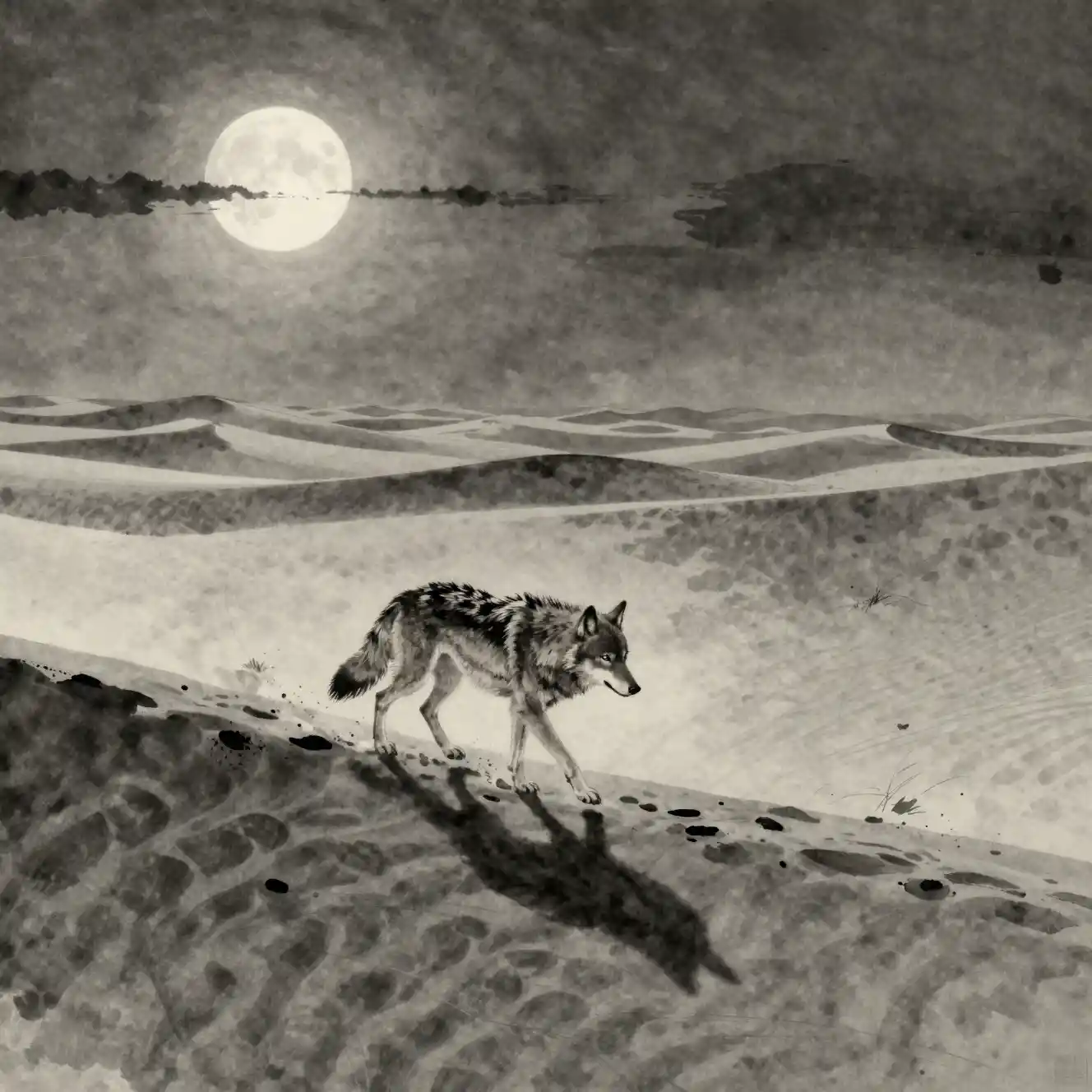 Lone wolf walking through a moonlit desert landscape