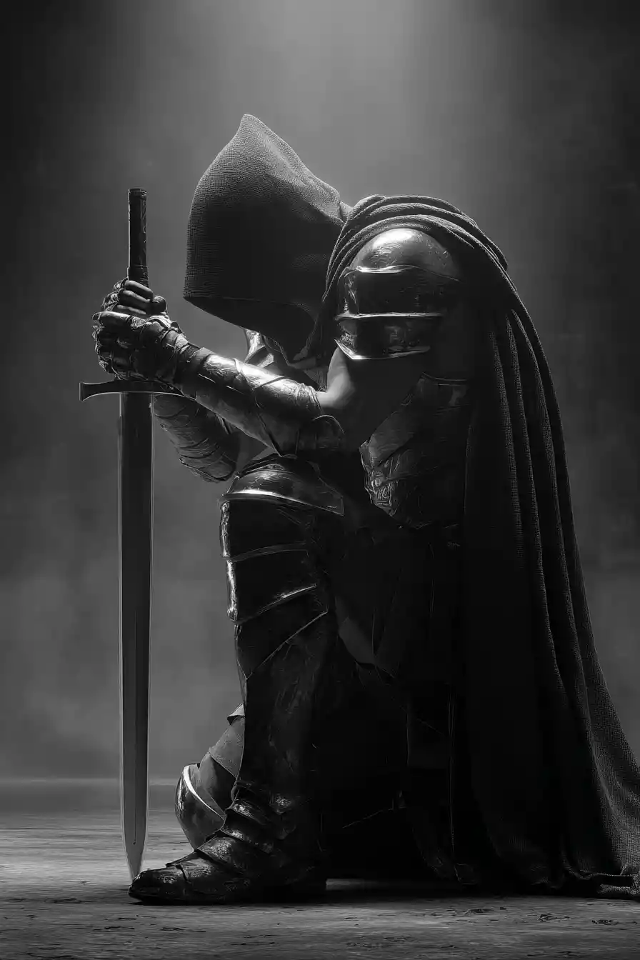 Warrior kneeling in moonlit armor before an unseen battle