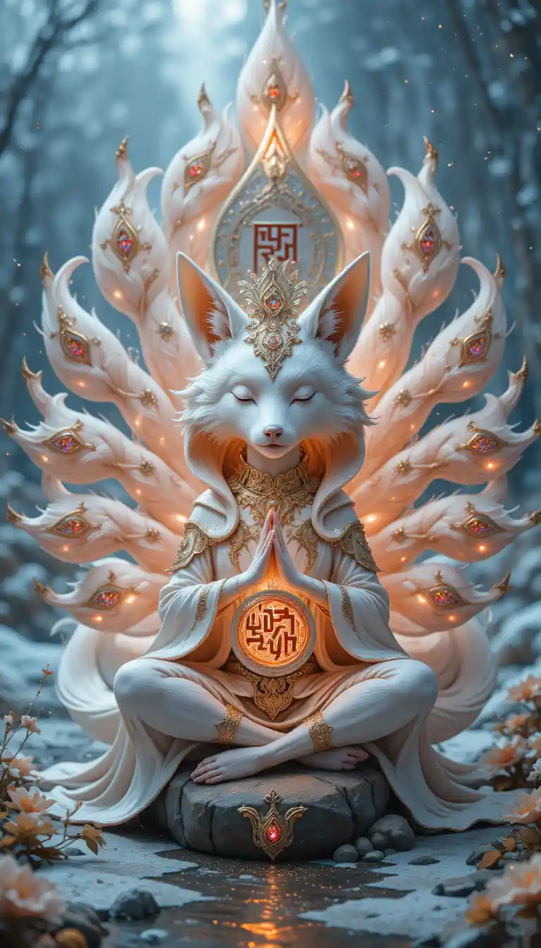 Meditating white fox spirit with glowing rune orb