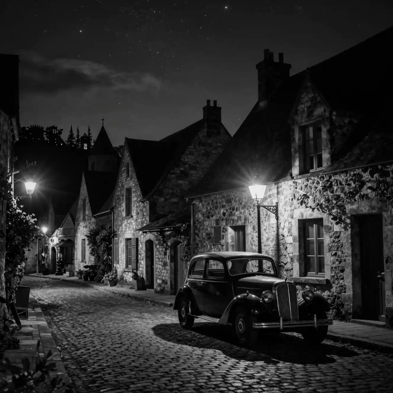 Strada di un villaggio francese al chiaro di luna con un’auto d’epoca solitaria