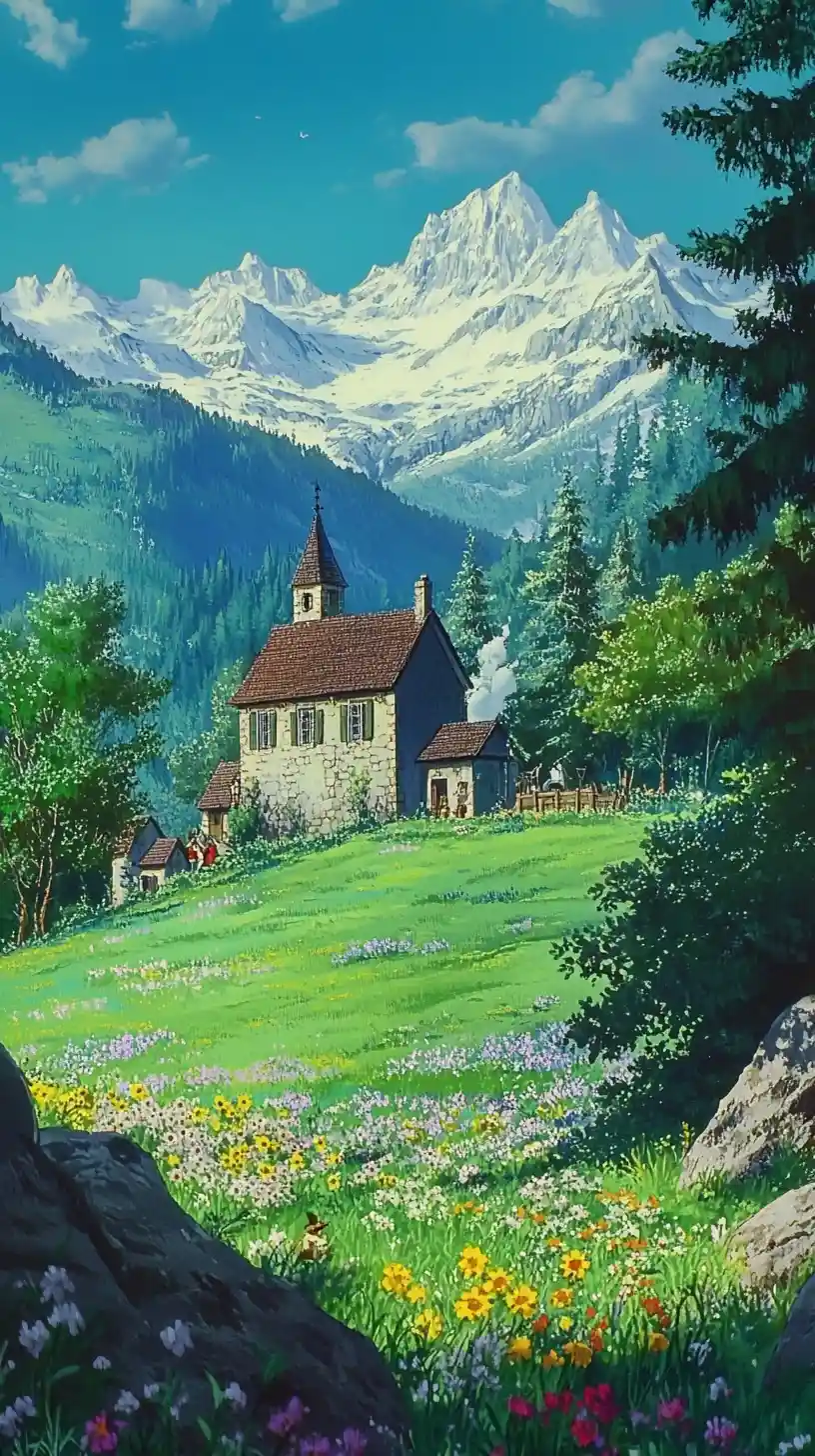 Anime medieval village in a peaceful walled fantasy landscape