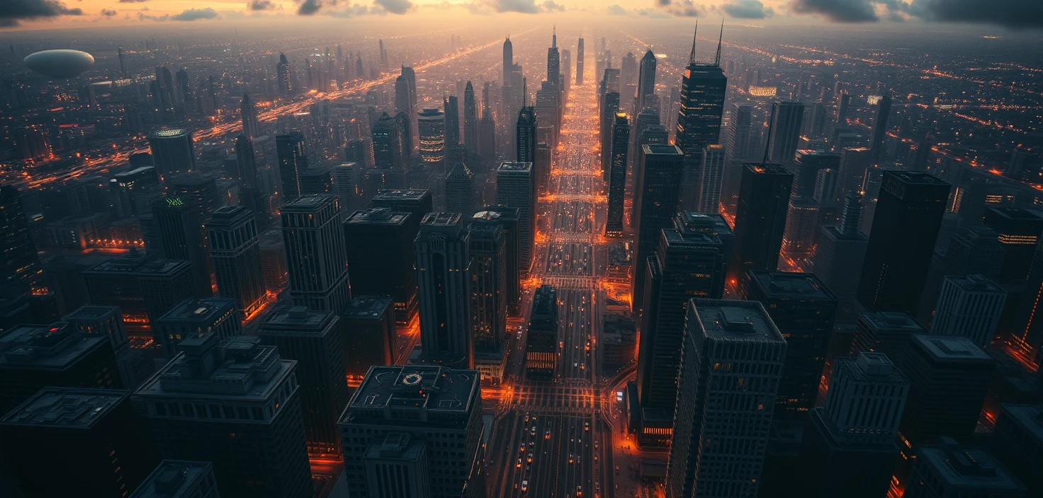Skyline di una megacittà futuristica e distopica all’ora d’oro
