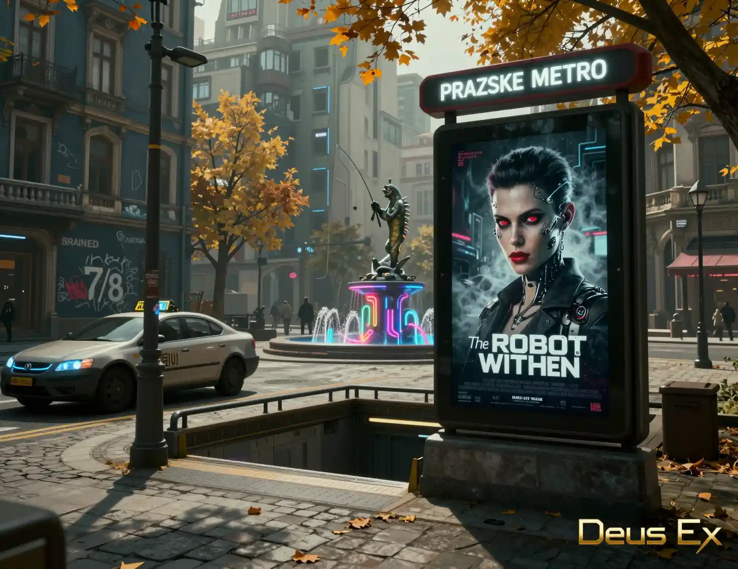 Cyberpunk taxi by a metro entrance in a futuristic city