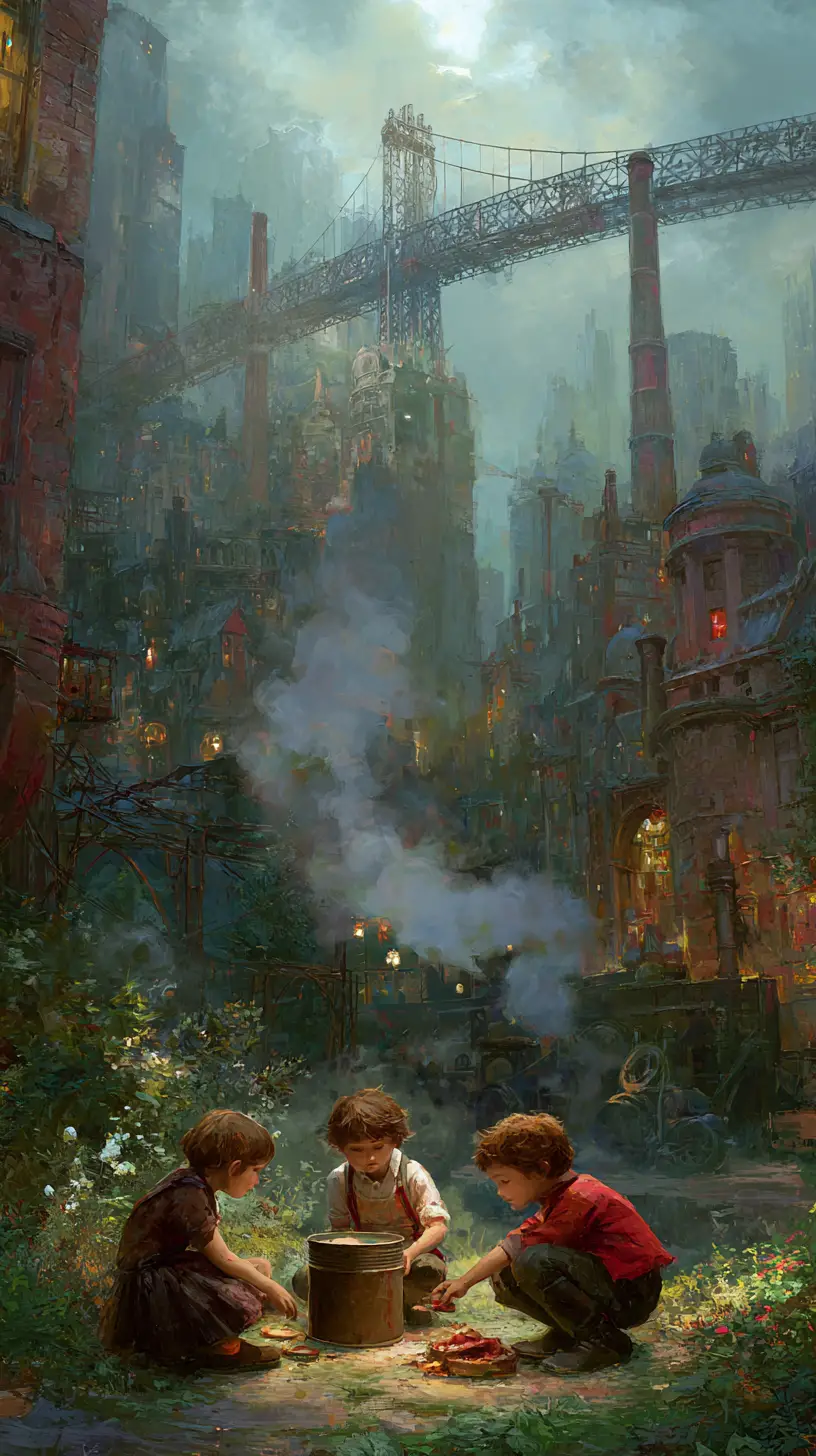 Steampunk Urban Backyard With Children Playing Among City Smoke