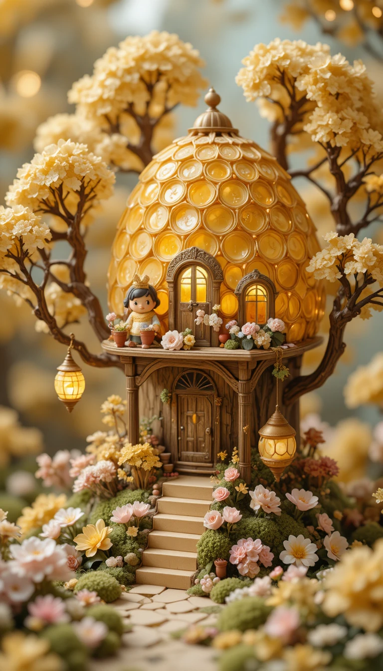 Niedliches goldenes Baumhaus-Diorama mit Plüschbienen und Laternen