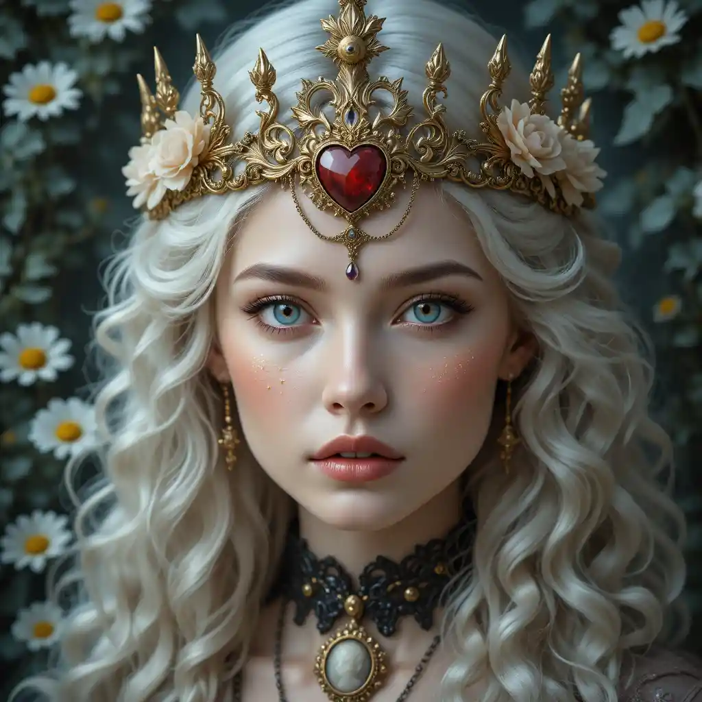 Fantasy girl with golden crown and icy blue eyes