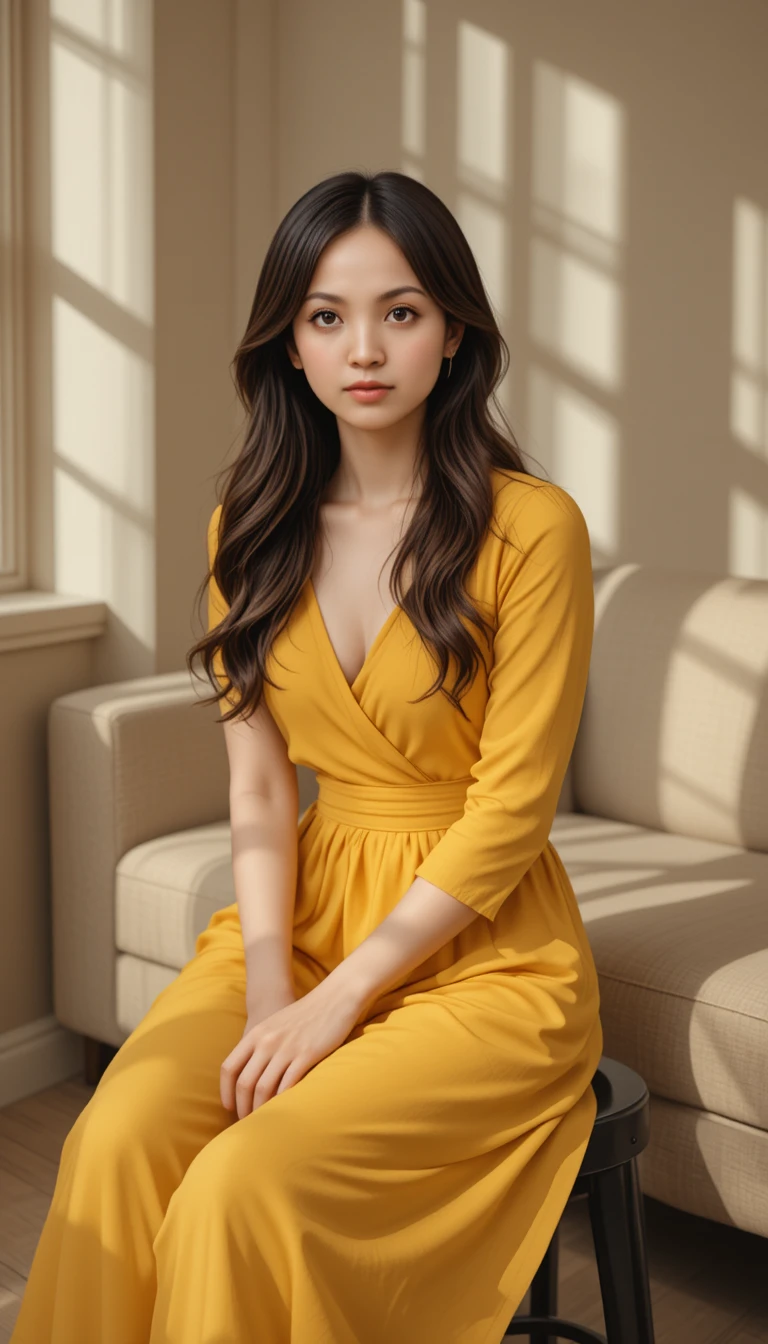 Young woman in yellow dress in warm sunlit room
