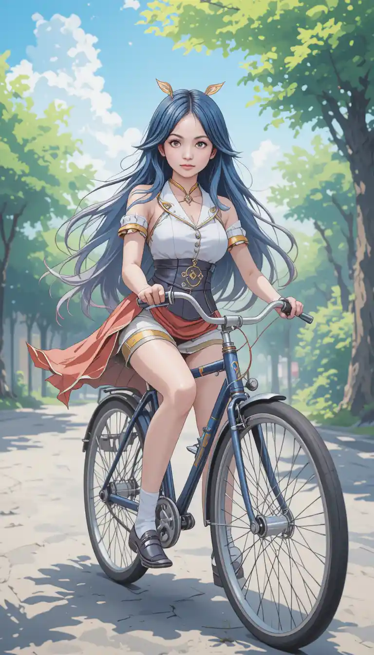 Anime character riding a bicycle in cosplay style illustration