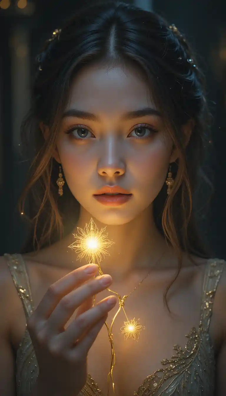 Young woman holding golden thread with glowing symbols
