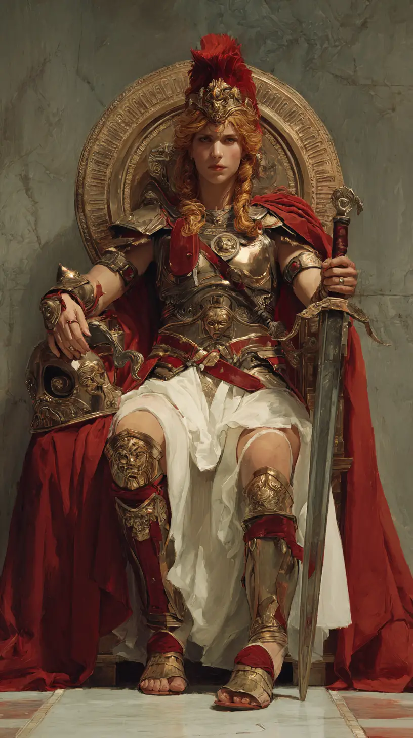 Greek god of war seated on a battle throne