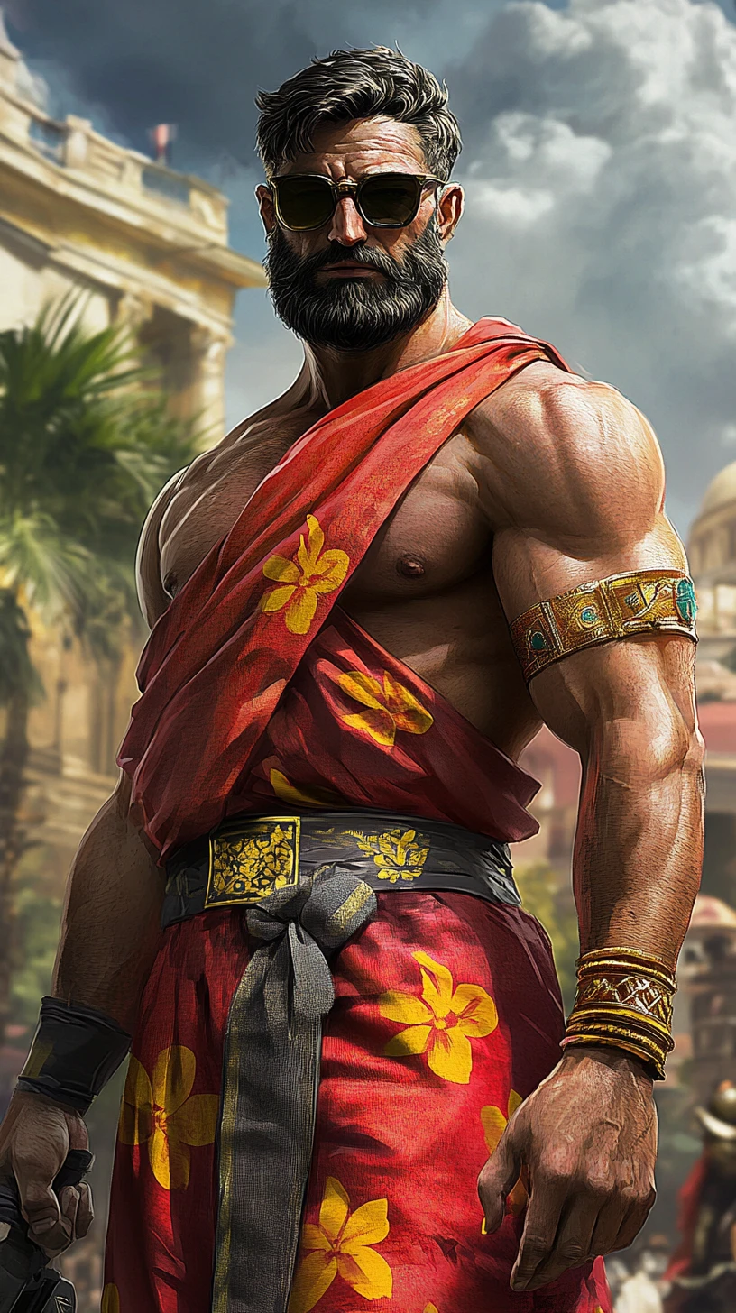 Greek warrior in glasses in intense fighting stance
