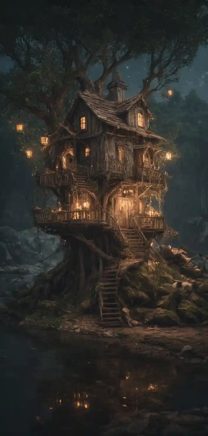 Traumhaftes Fantasy-Baumhaus, das an einem nächtlichen Fluss leuchtet