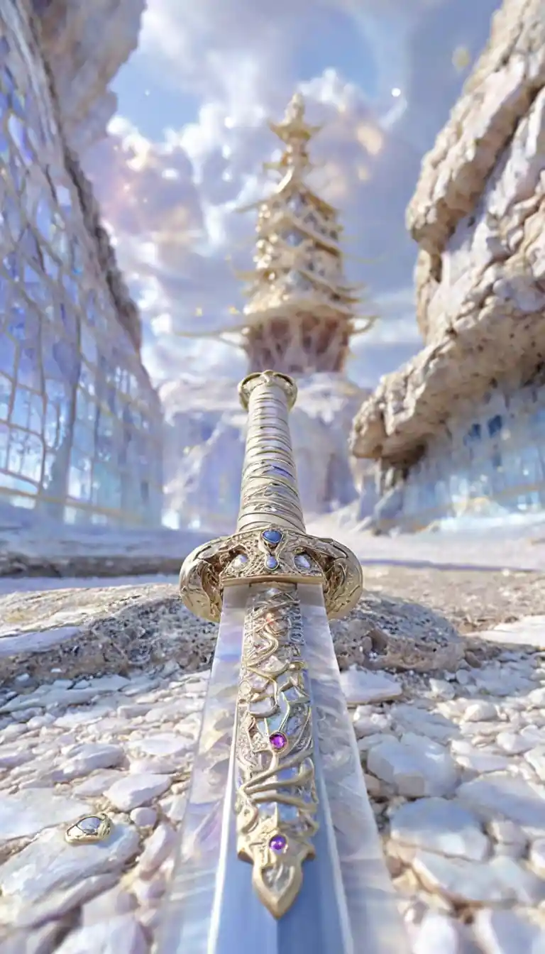 Glassy sword standing in rocky landscape under blue sky