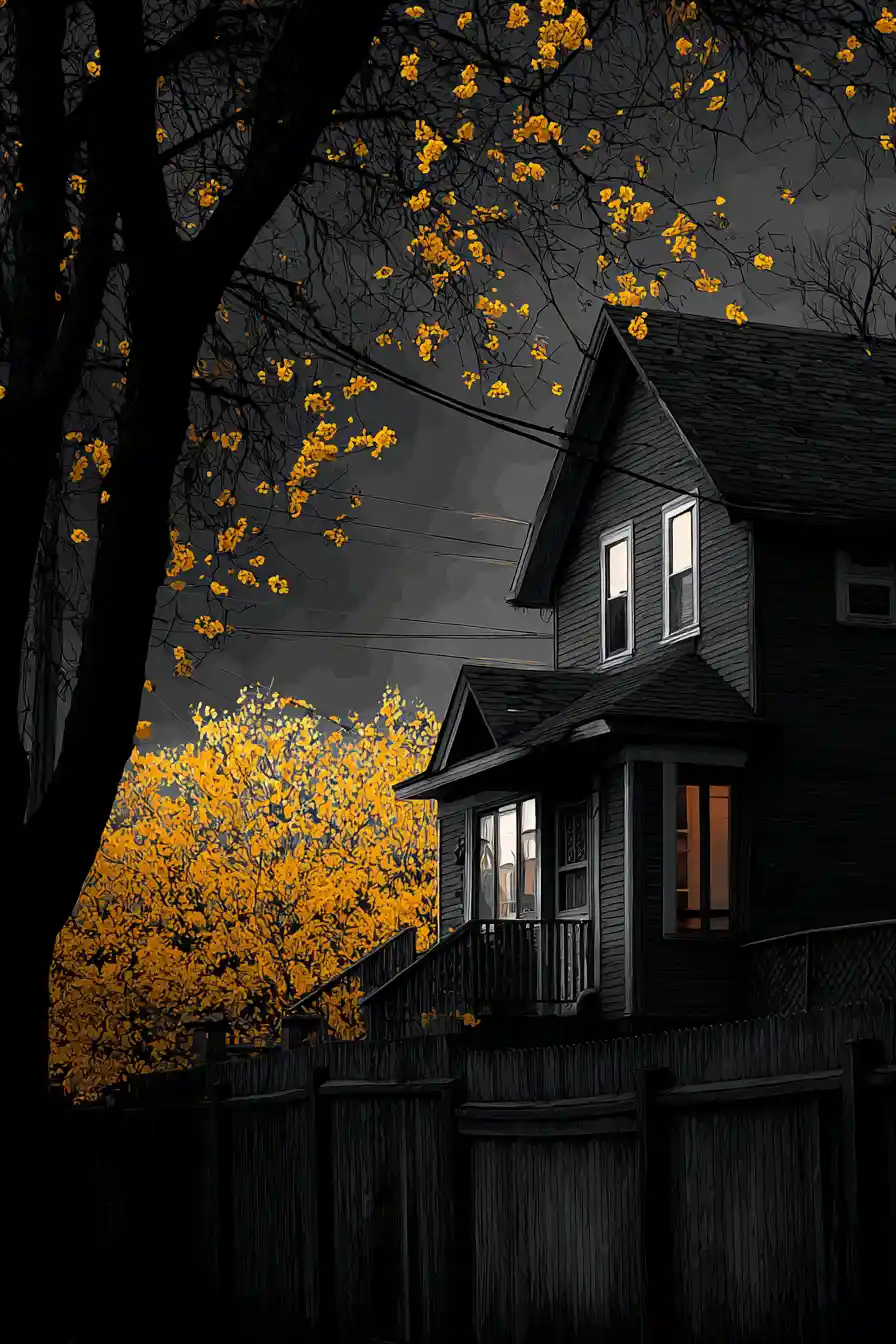 Dark suburban neighborhood with neon yellow highlights at night