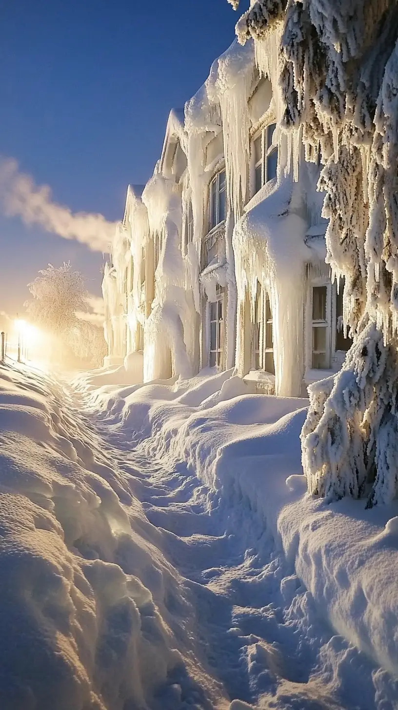 Frozen cityscape buried in deep snow at night
