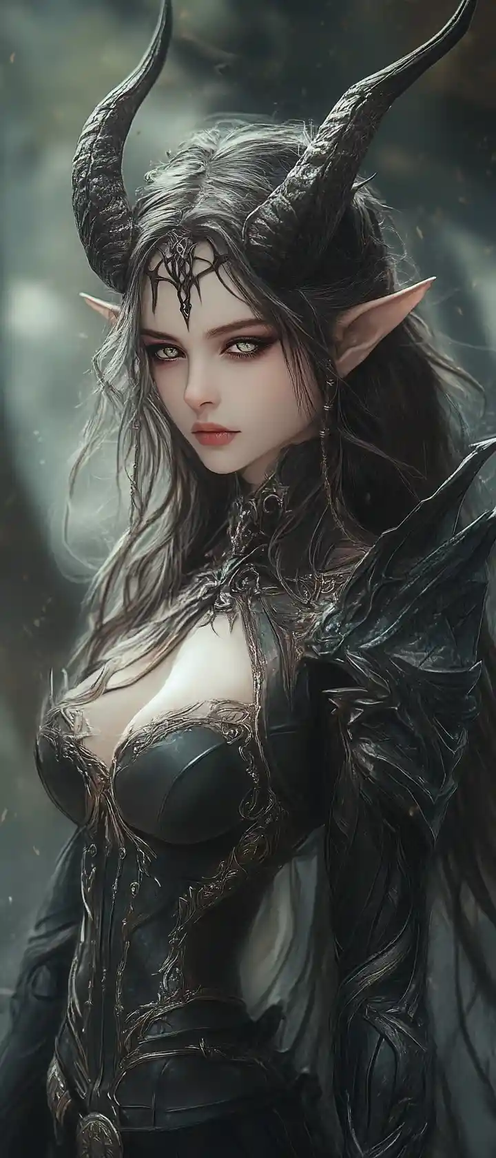 Elf woman with curved horns in misty dusk forest