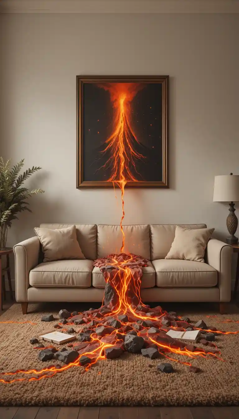 Cozy living room with lava flowing from framed volcano painting