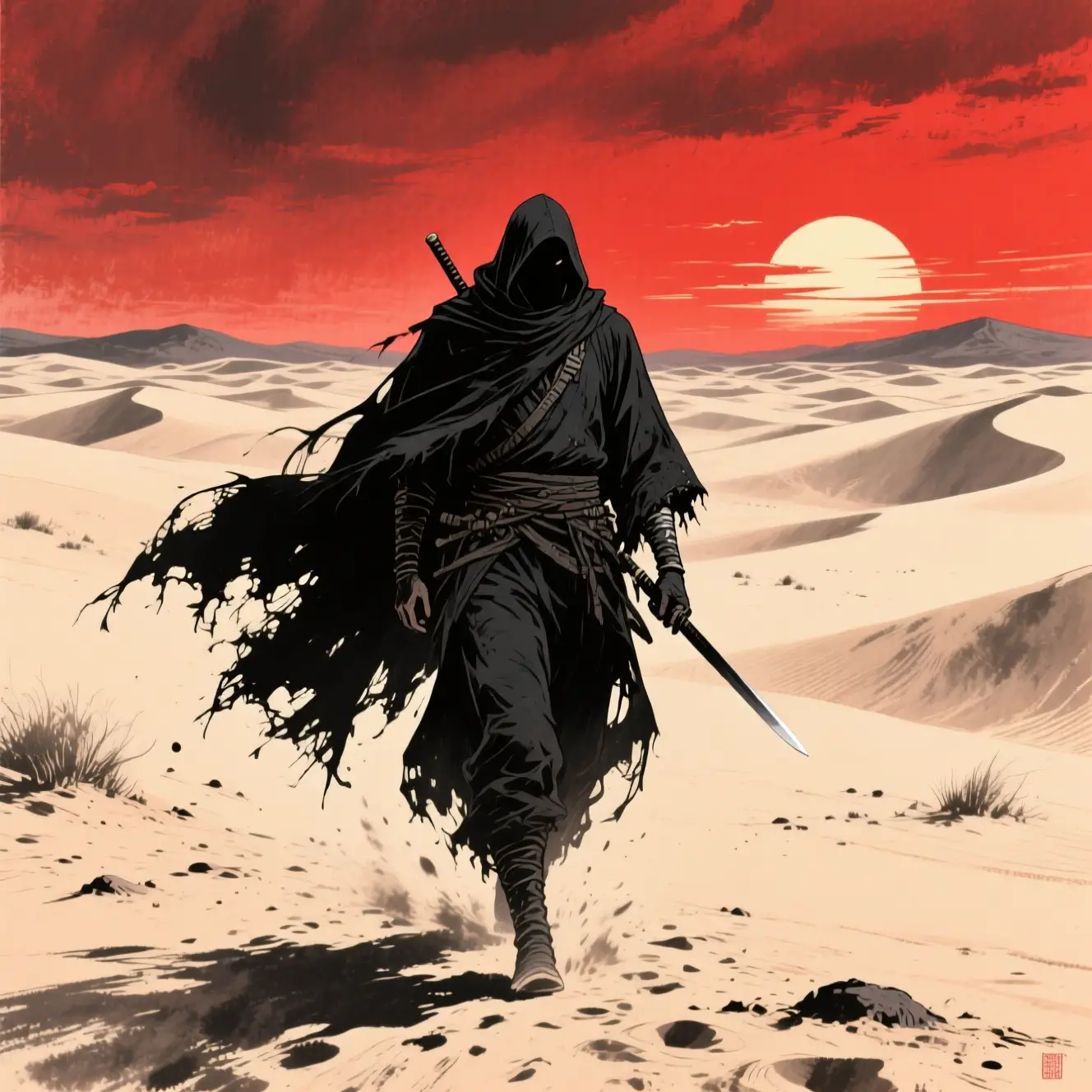 Assassin In Black Cloak Crossing A Crimson Desert