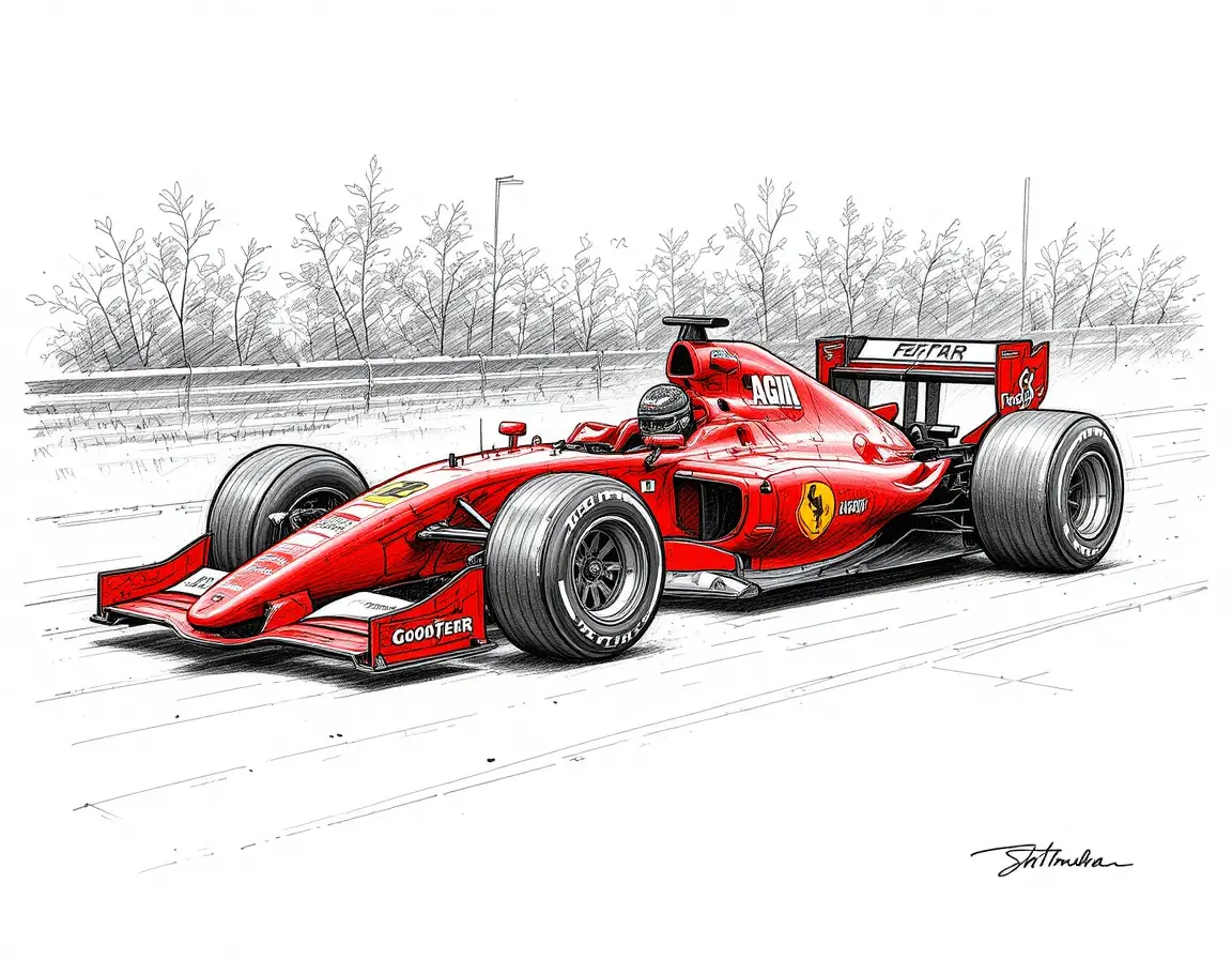 Red racing car on asphalt with driver in cockpit