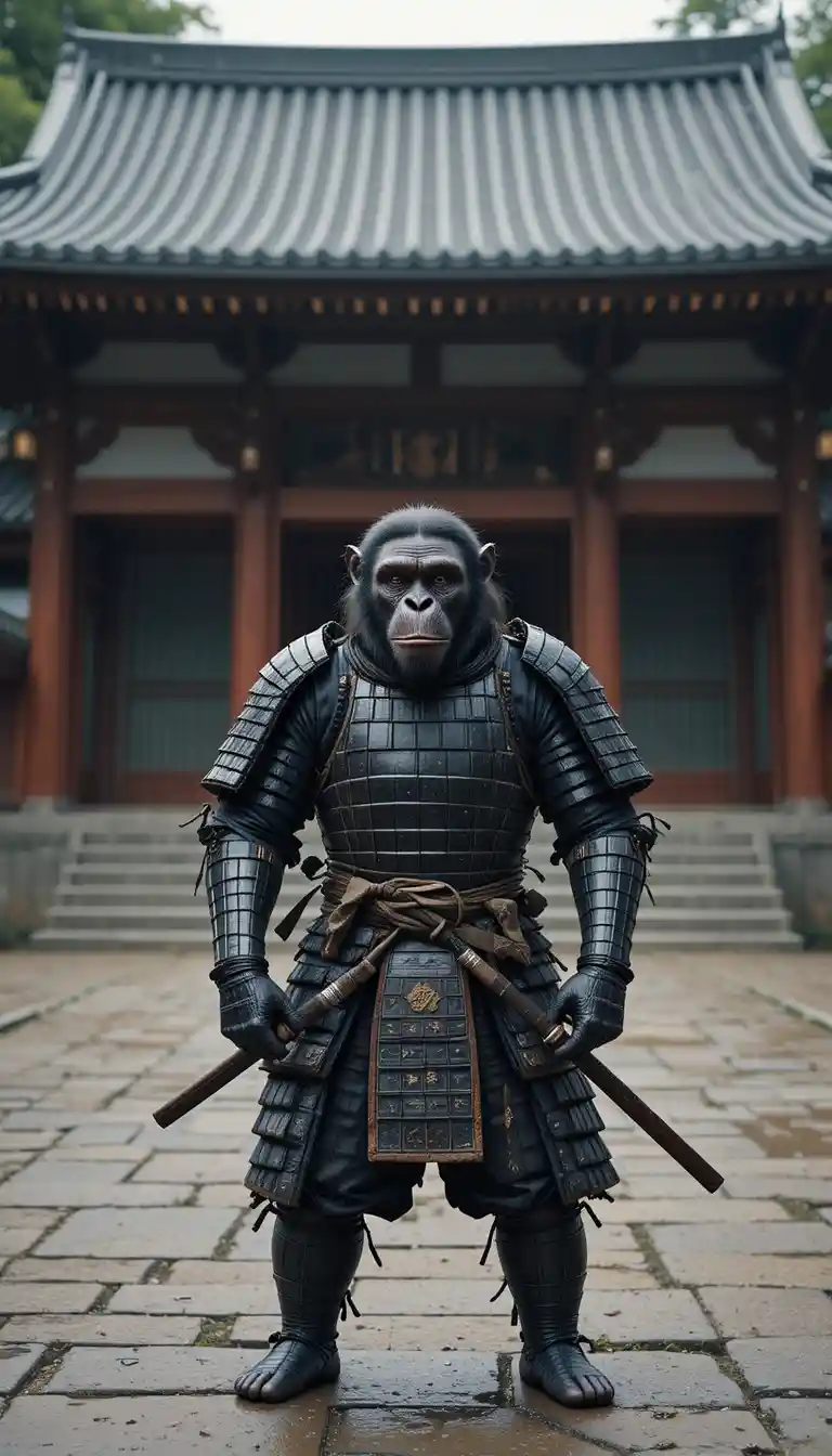 Scimpanzé samurai che sorveglia l’ingresso di un sereno tempio giapponese