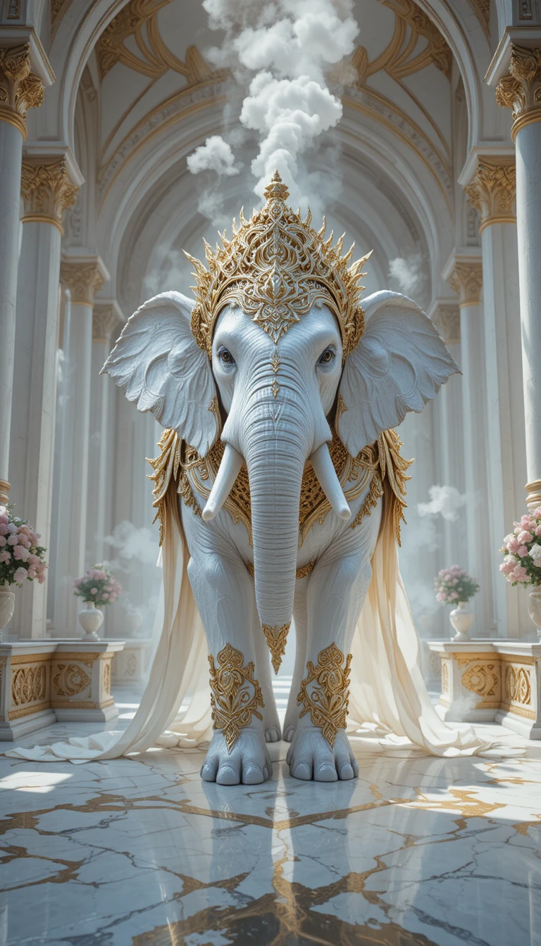 Majestuoso elefante blanco en un gran salón de templo de mármol