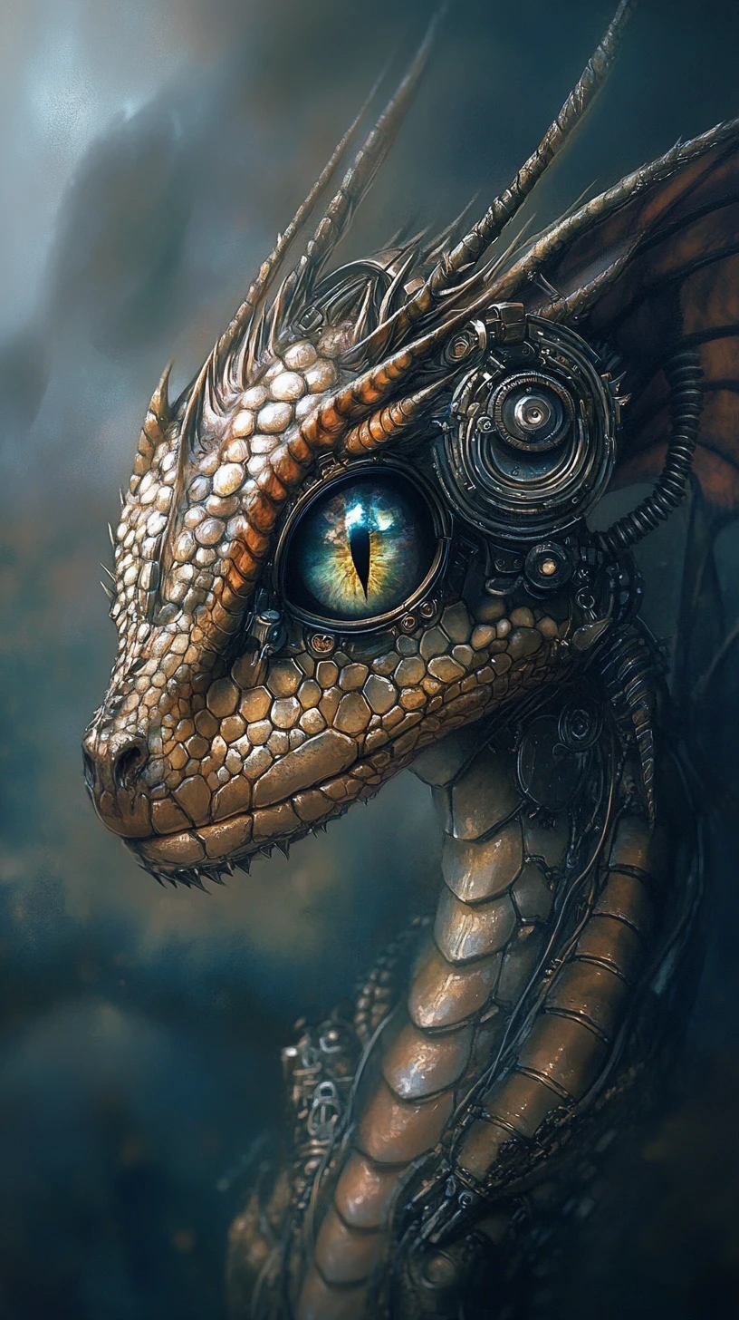 Futuristic dragon emerging from a dystopian nightscape