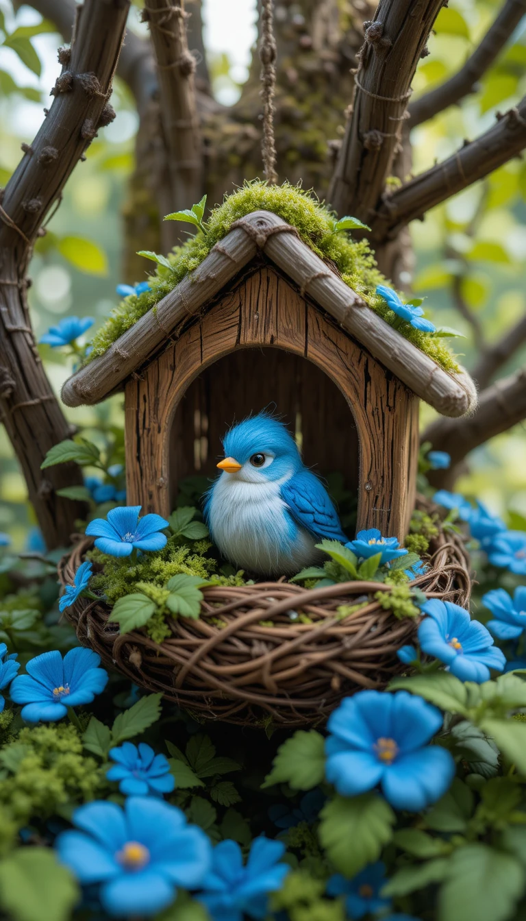 Whimsical Woolen Bird In A Cozy Treehouse Nest