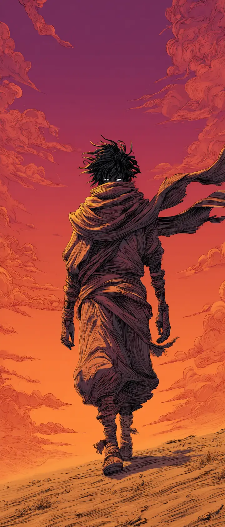 Man walking through a desolate desert at twilight