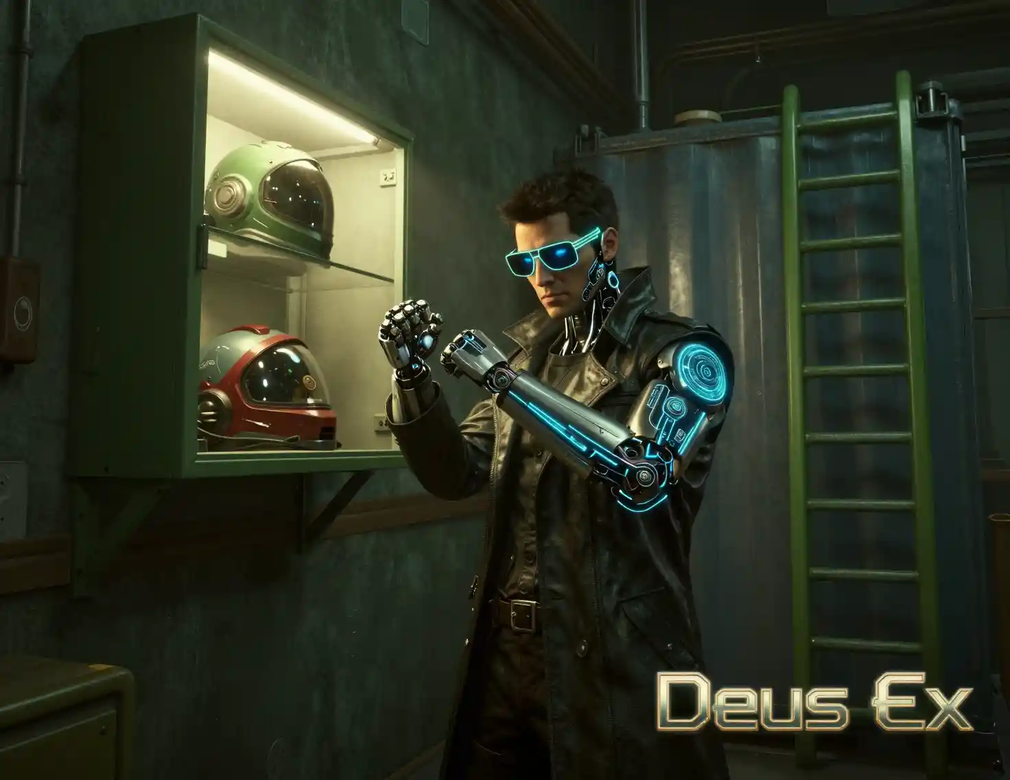 Détective cyberpunk aux augmentations néon dans une salle industrielle