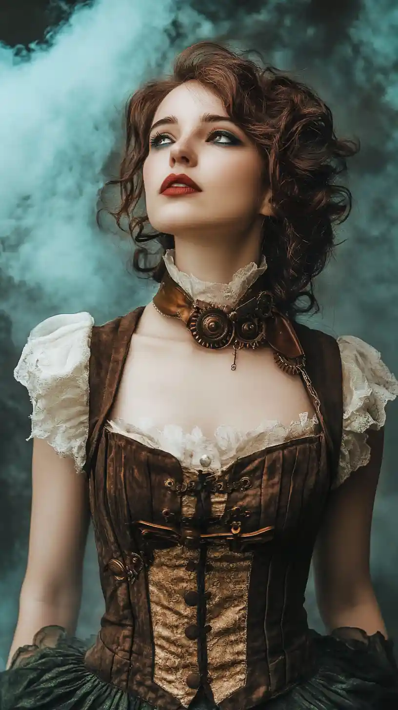Mulher steampunk em ilhas flutuantes de nuvens com lanternas brilhantes