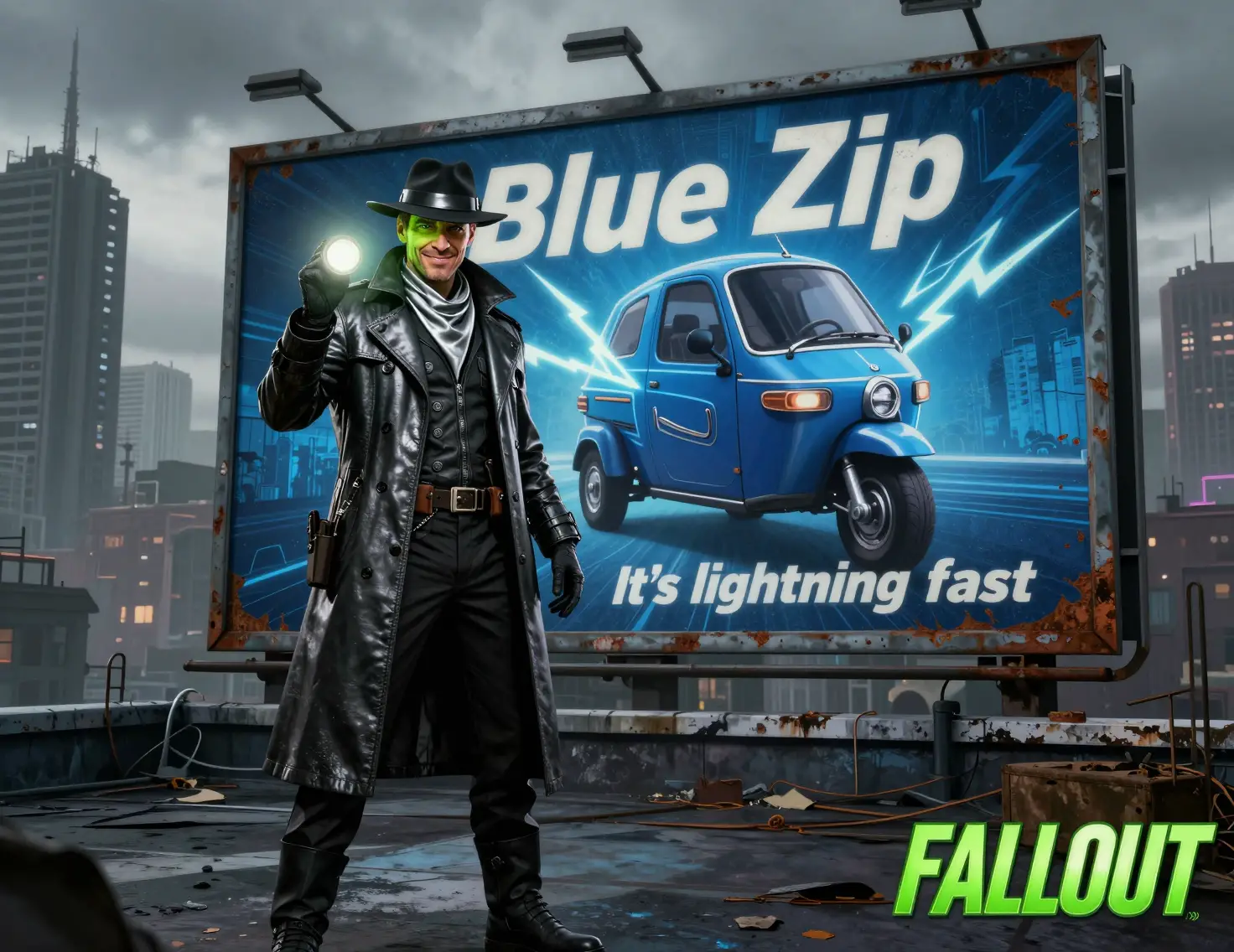 Sci fi detective on rooftop beside glowing retro car billboard