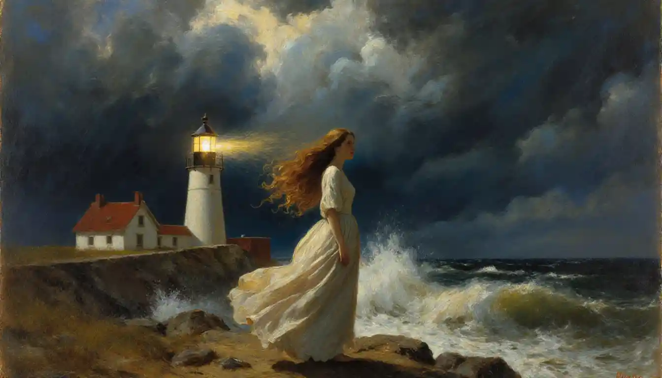 Woman in flowing dress on stormy lighthouse coast
