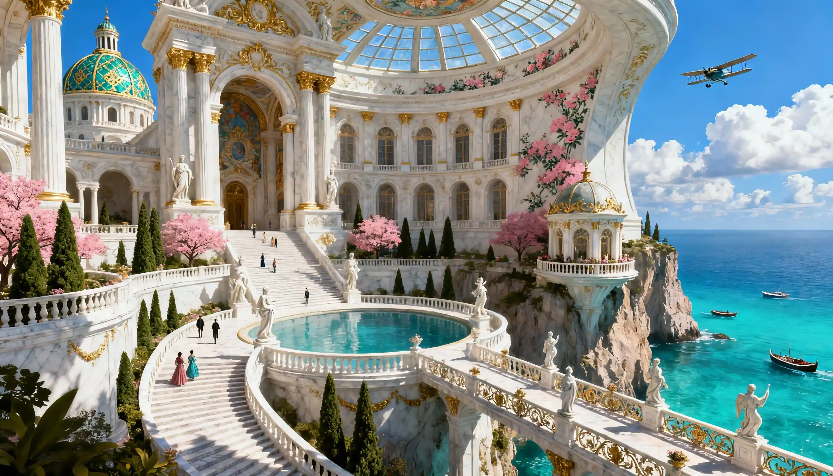 Gran palacio de mármol con vistas a un mar turquesa brillante