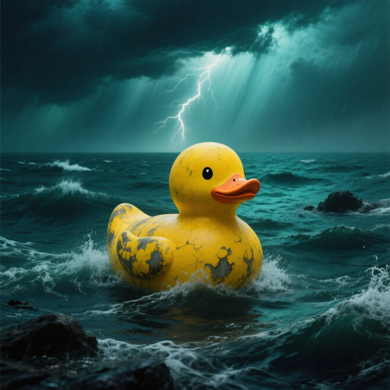 Patito de goma solitario emergiendo de un océano oscuro y tormentoso