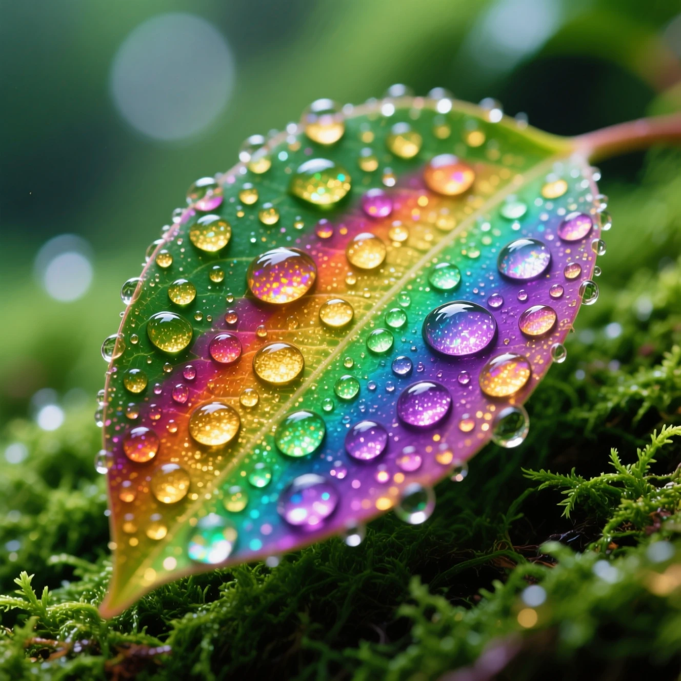 Hoja colorida con gotas de lluvia brillantes sobre musgo verde