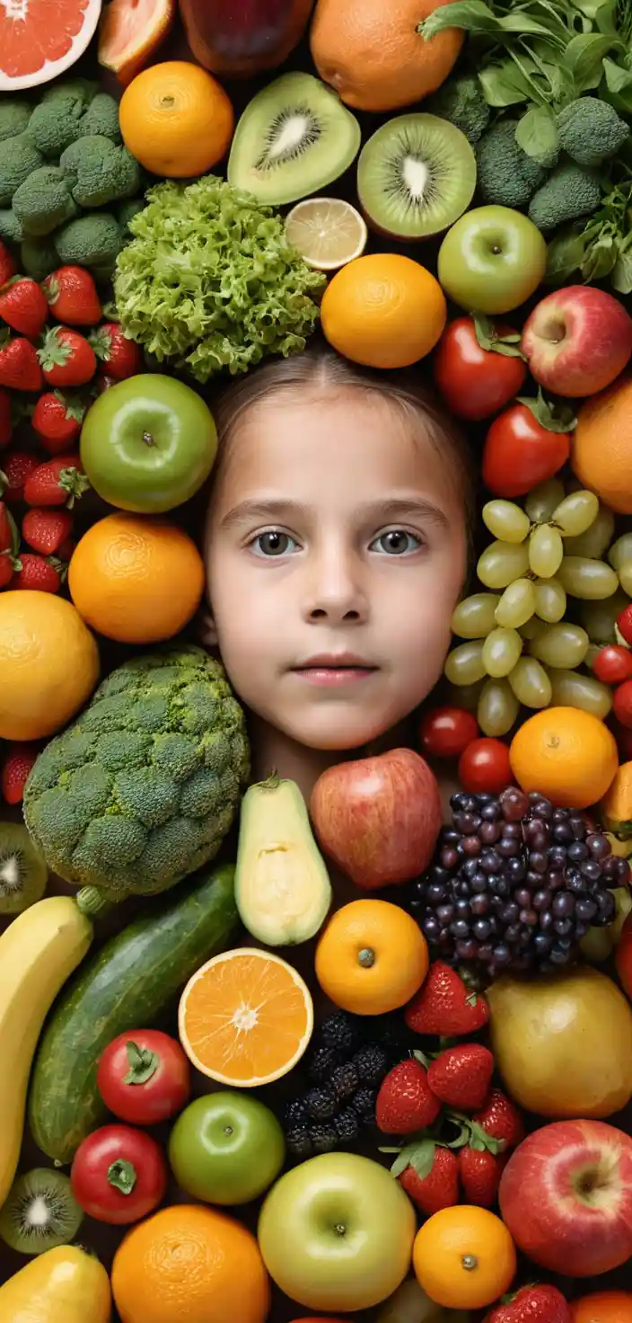 Figure umane surreali che scalano un volto di frutta e verdura