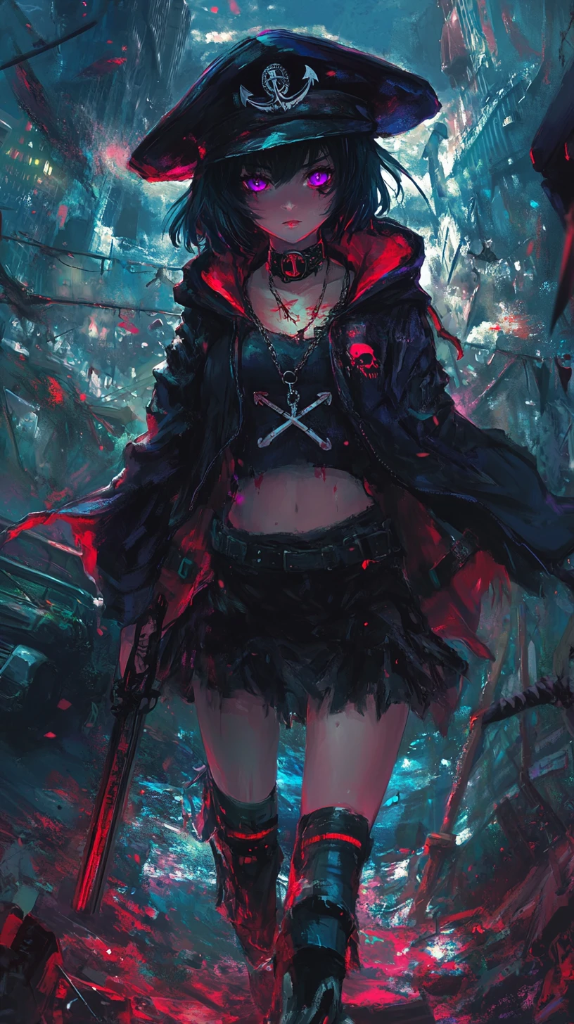Girl warrior with sword in a ruined city street