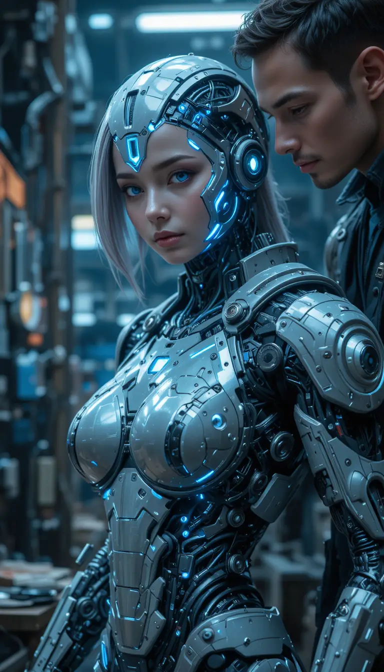 Cyborg woman with blue glowing circuitry in armor