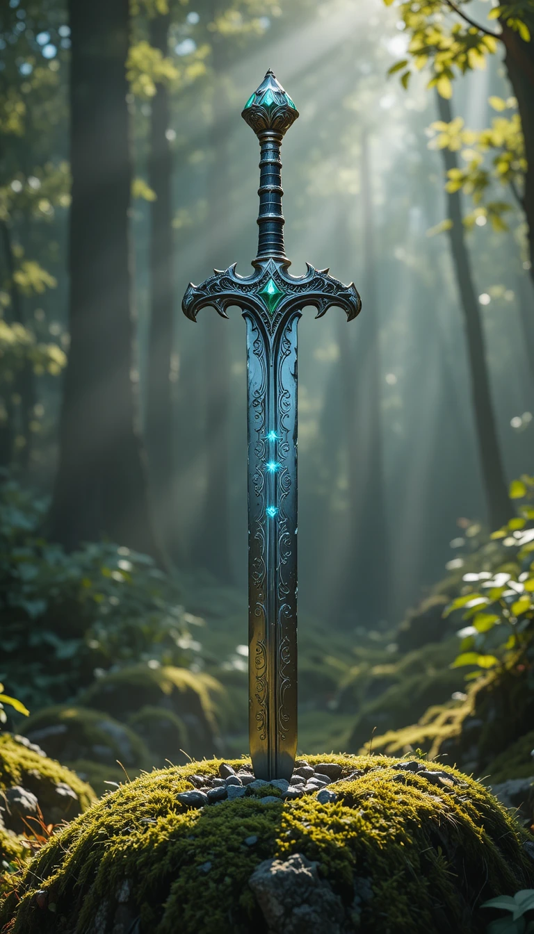 Sword Excalibur in a Misty Forest Stone Clearing