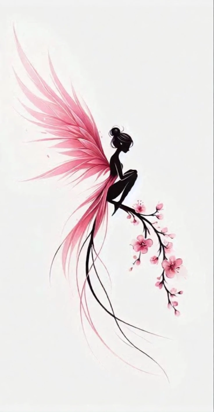 Minimalist fairy silhouette with pink wings on cherry branch