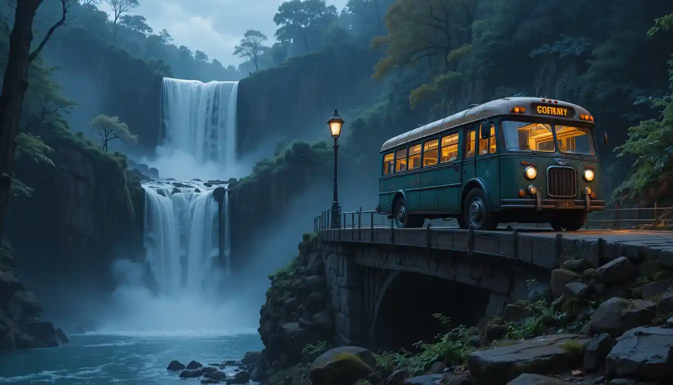 Alter Bus überquert nachts eine Brücke neben einem Wasserfall