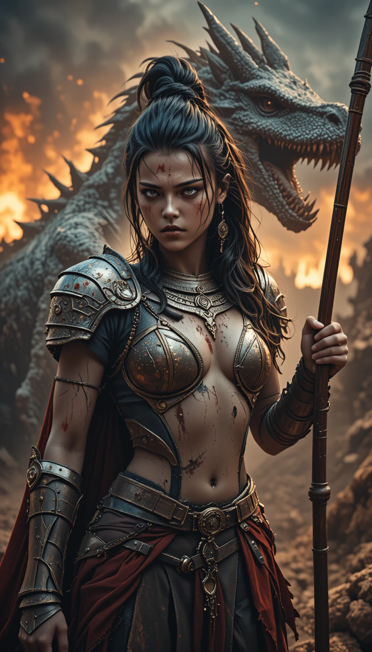 Battle hardened warrior woman with dragon in flames