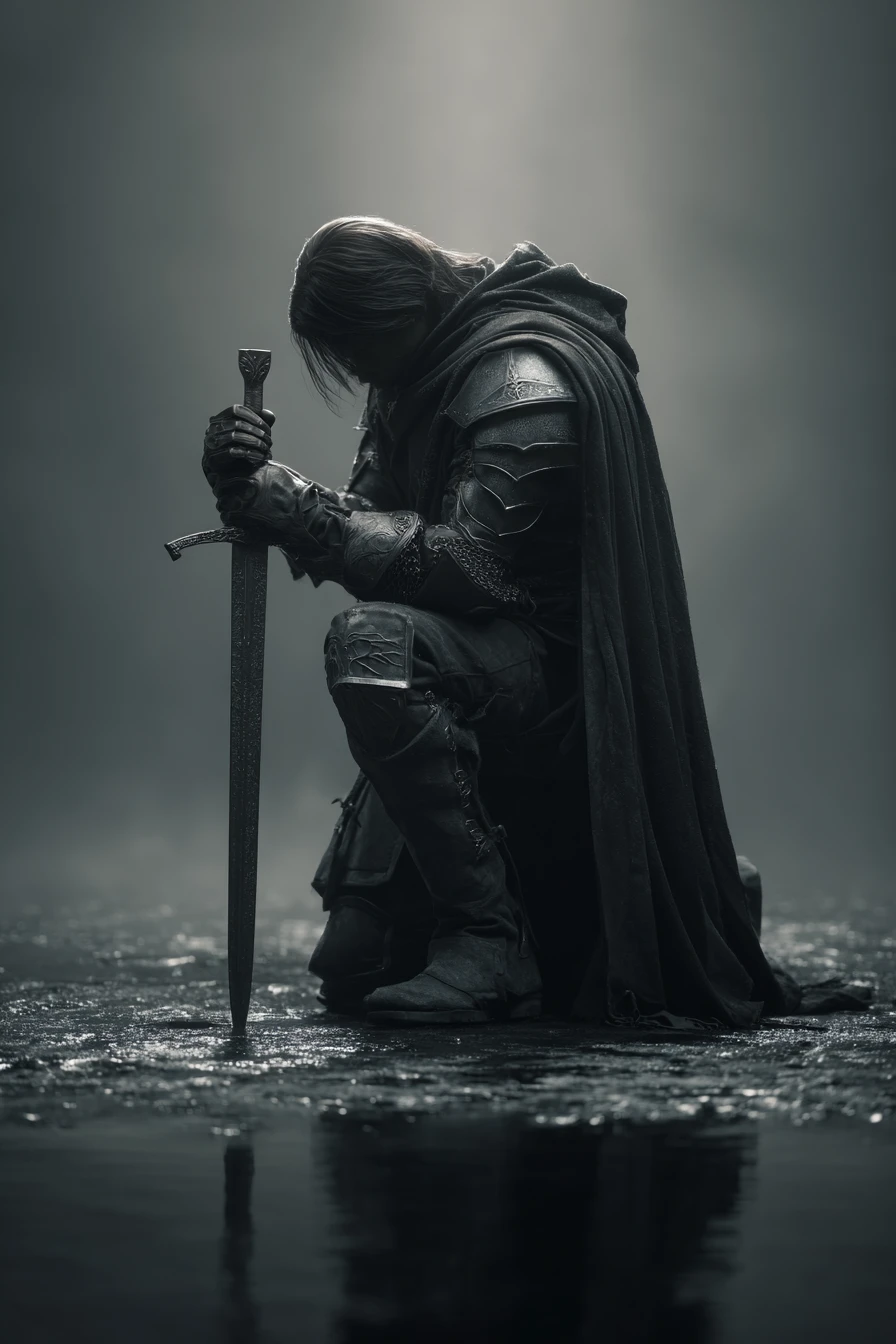 Warrior Kneeling In Moonlit Fog Before The Battle