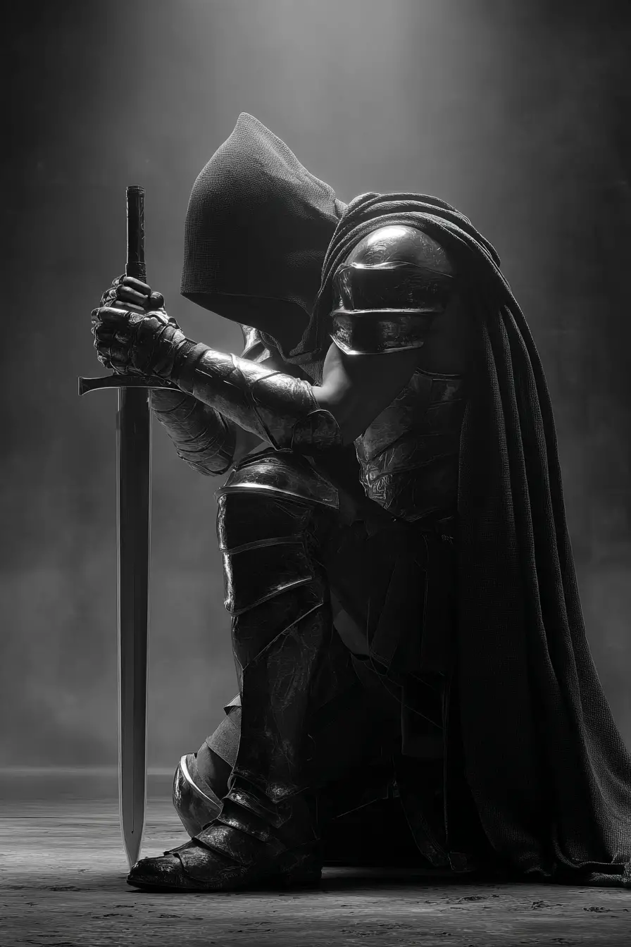 Warrior kneeling in moonlit armor before an unseen battle