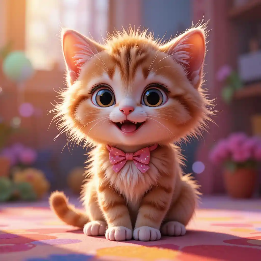 Cute fluffy cartoon kitten with pink bow in bright colors