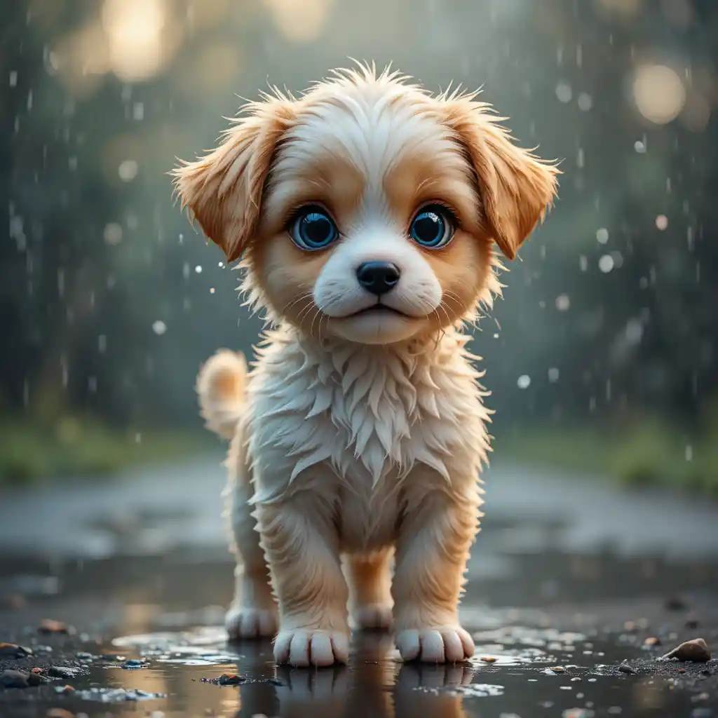 Adorable chiot sous la pluie avec de grands yeux expressifs