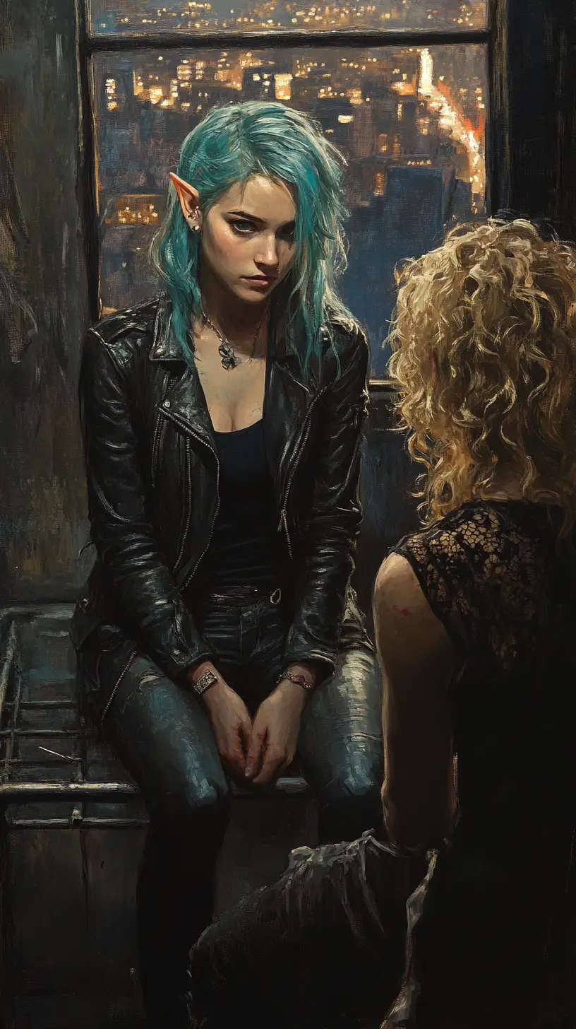 Elf woman confronts stranger in decaying urban room