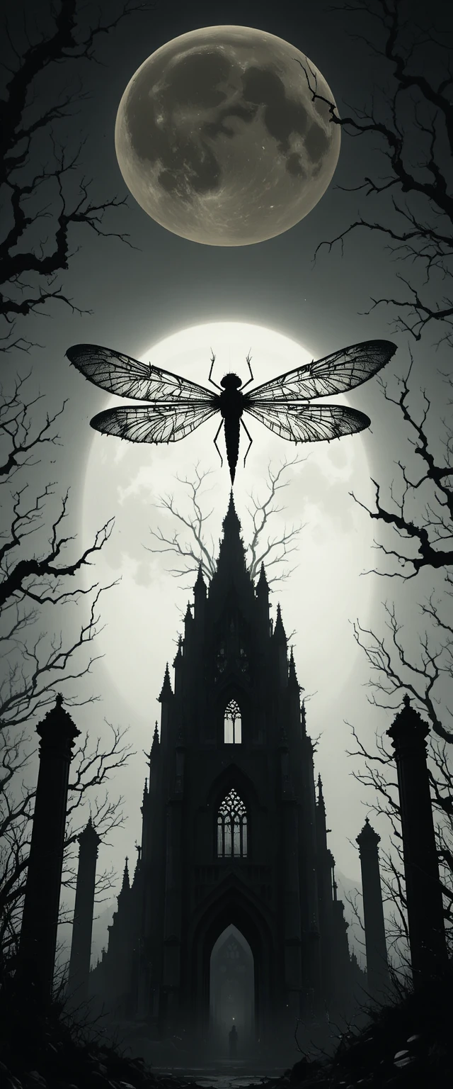Libelle über mondbeschienenen gotischen Ruinen im Dark-Fantasy-Stil
