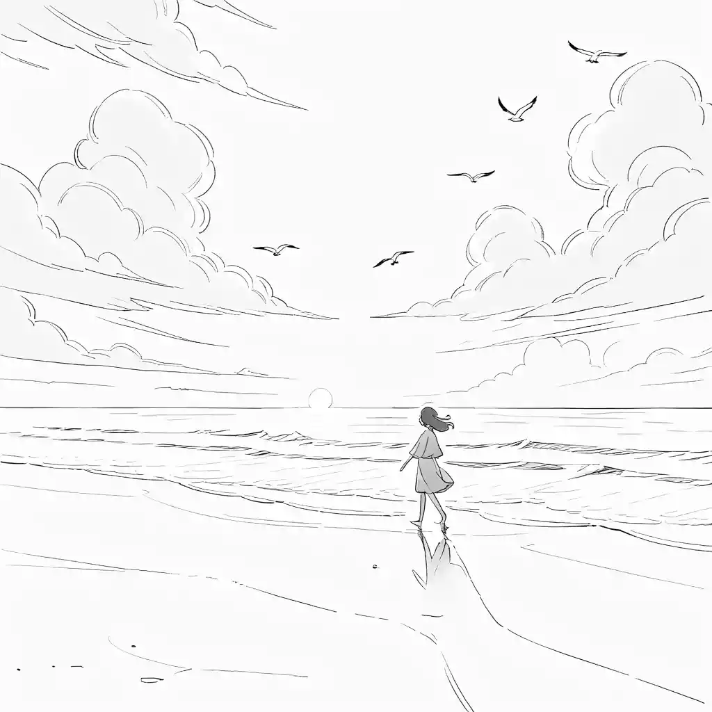 Lone figure walking along a tranquil sunset beach